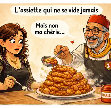 Illustration humoristique d’un couple mixte italien et tunisien où Ridha remplit encore l’assiette.