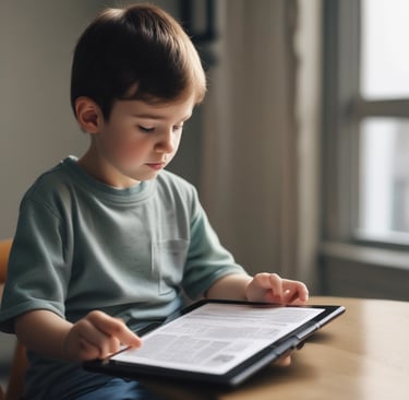 A cozy reading nook with a tablet displaying a colorful children's ebook from ekinderebook.