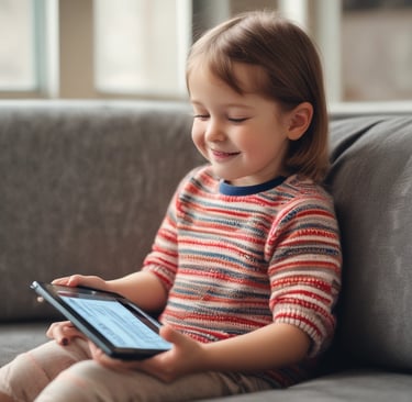 A bright, playful scene showing a parent and child exploring an interactive ebook together at home.