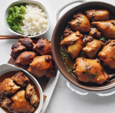 Close-up of freshly cooked adobo with tender meat and rich sauce, steaming on a traditional plate.