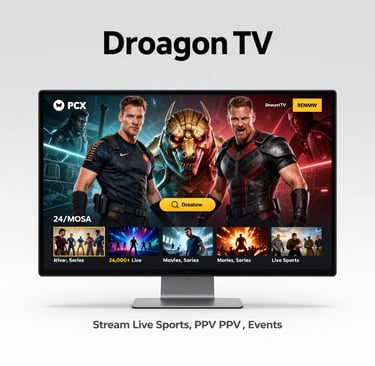 Droagon TV interface on a smart monitor streaming live sports, movies, and PPV events.