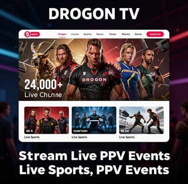 Drogon TV streaming interface displaying over 24,000 live channels for sports and PPV events.