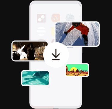 Smartphone interface showing a download icon and various video thumbnails including skiing and urban scenes.