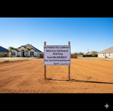 Completed, graded lot with a caption: "Site Cleared & TDHCA Form 1023 Ready for BCAD Filing