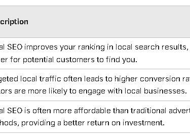 Table showing the Benefits of SEO by listing the Benefit, its Description, and Impact Level.