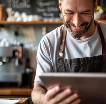 Business owner engaging with customer reviews on a tablet in a cafe.