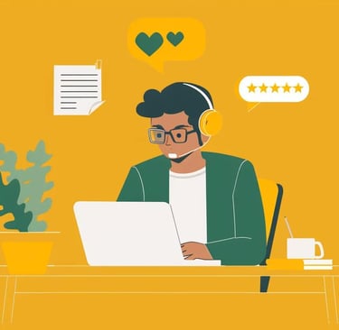Business owner responding to customer reviews on a laptop in a cozy office setting.