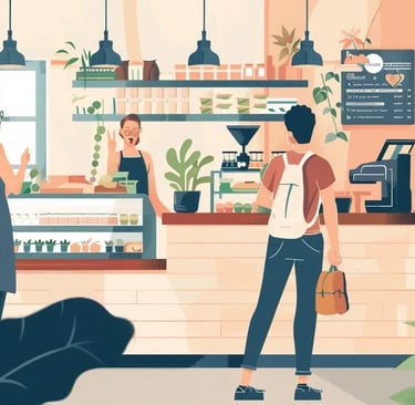 Small business owner engaging with customers in a local setting, highlighting community interaction 