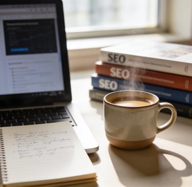 Digital Marketer's workstation with laptop, notes, coffee, and books on SEO