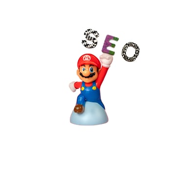 A 3D illustration of Mario—a plumber holding up a large 'SEO' sign, representing specialized search 