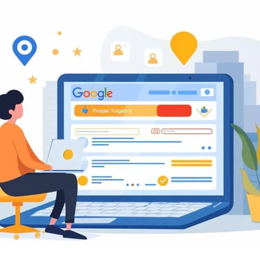 Person optimizing Google Business Profile on a laptop in a cozy office setting.