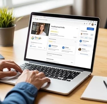Small business owner optimizing Google Business Profile in a cozy St. Helens office