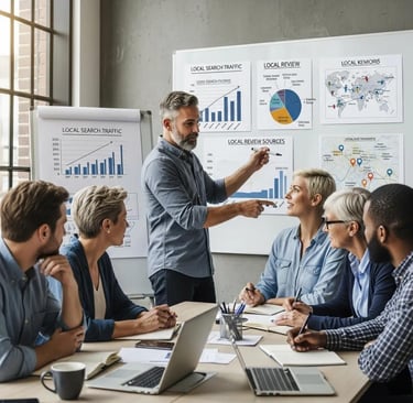 a team of small business owners collaborating over local SEO strategies