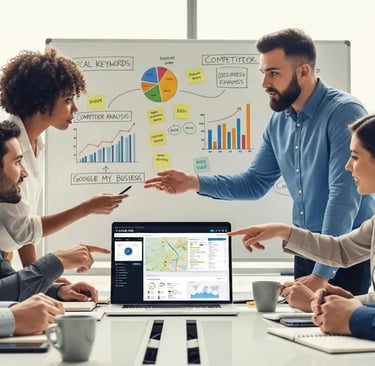 Team collaborating on local SEO strategies in a modern office