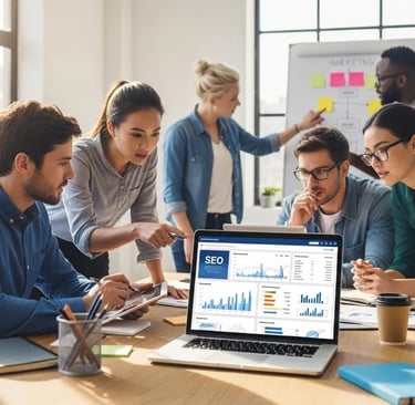 Team collaborating on SEO strategy in a modern office