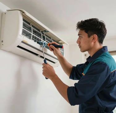 A technician wearing a dark blue and teal uniform carefully cleaning the indoor unit of a split system air conditioner in a modern Colombian living room, sharp focus on the professional tools.