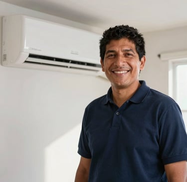 A portrait of a friendly South American technician smiling at the camera, wearing a dark blue polo shirt, standing next to a clean domestic air conditioning unit mounted on a light-colored wall, bright morning light.