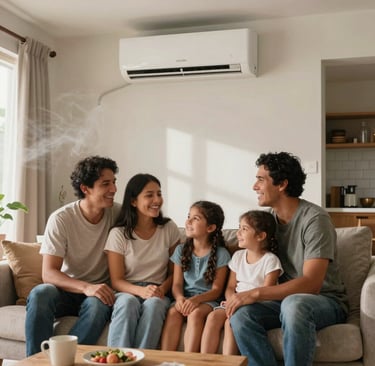A happy South American family sitting together in a beautifully cooled, modern living room in Cali, enjoying a fresh breeze from an air conditioner, warm natural home environment.
