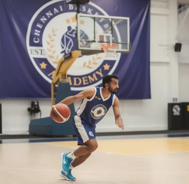 a man in a blue uniform playing basketball