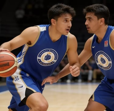 two men playing basketball in a gym