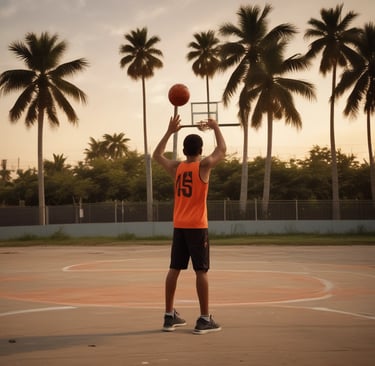 A young Indian man wearing an orange jersey with the number 15 and black trousers practices basketba