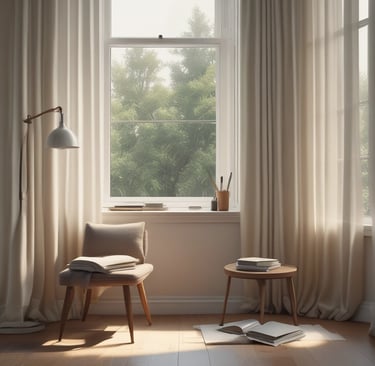 An inviting workspace featuring a laptop, a notebook, and a cup of tea, symbolizing thoughtful reflection.