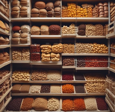 Brightly lit shelf stocked with cooking oils and spices in colorful bottles