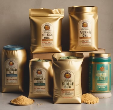 Close-up of assorted rice and pulses in rustic bowls on a wooden table