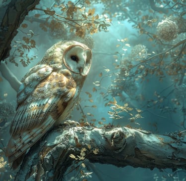 Forest scene with a barn owl, surrounded by floating leaves and light