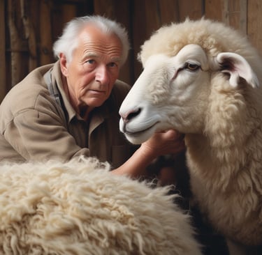 a group of people standing around a pile of wool