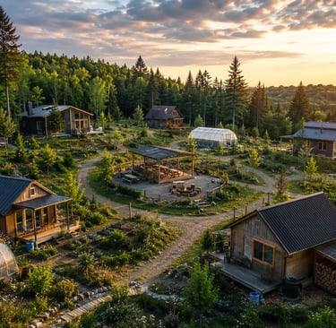 Aerial view of modern eco-friendly tiny cabins and garden paths at a forest retreat during sunset.