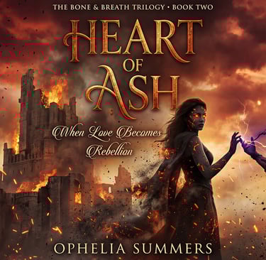 Heart of Ash book cover featuring powerful woman with glowing ember eyes and cracked fiery skin wiel