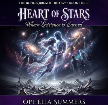Heart of Stars book cover featuring silver-haired woman embracing ethereal starlight man made of con