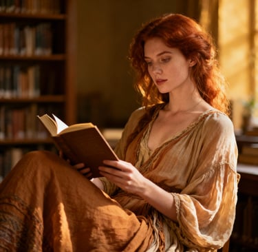 Ophelia Summers with flowing red hair reading a book in golden hour library setting wearing bohemian