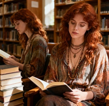 Ophelia Summers with curly red hair and layered bohemian necklaces reading surrounded by stacked ant