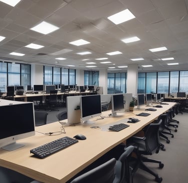 Modern open plan office workspace featuring rows of desktop computers, ergonomic chairs, and bright LED ceiling lights.