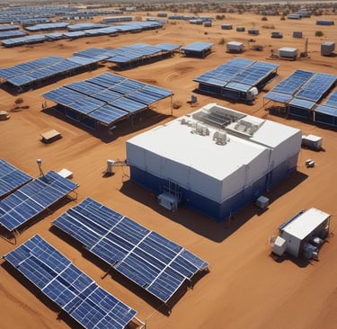 A modern office reception area with Sunvolt Africa branding and solar panels visible through the window.