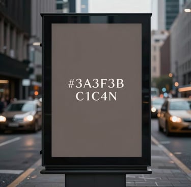 Cinematic, spontaneous shot of a high-end advertising campaign displayed on a sleek urban billboard at twilight. The lighting is moody and sophisticated, highlighting the clean typography. Palette focuses on #3A3F3B and #C1C4BF tones. Professional and contemporary atmosphere.