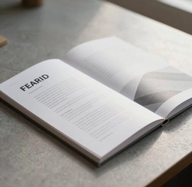 Spontaneous close-up of a printed brand book and creative copy on a textured table. Cinematic shallow depth of field with soft, natural morning light. The composition is elegant and minimalist, incorporating colors like #F8F6F2 and #9A9E96. Reflects strategic thinking.