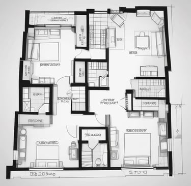 Exterior elevation sketch showcasing a balanced facade with large windows and a welcoming entrance.
