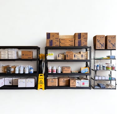 Commercial janitorial supplies stocked on warehouse shelves