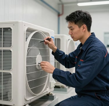 A professional North American male technician in a clean navy blue uniform inspecting a complex, modern HVAC heating and cooling system in a bright, well-lit utility room, showcasing trust and technical expertise.