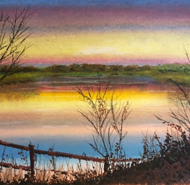 Oil pastel of a sunset over Astbury Mere  lake