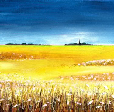 Acrylic painting of yellow corn fields and Astbury church in the distance