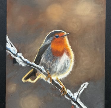 Soft pastel drawing of a Robin on a frosty twig