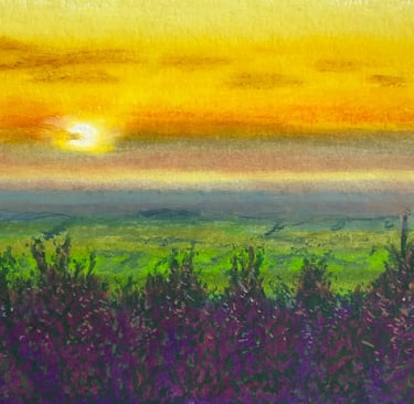Oil pastel of a sunset view over fields from Congleton Cloud