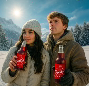 Ein Mann und eine Frau stehen im Schnee mit einer Flasche Bondzo Cola.