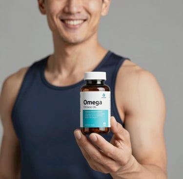 Omega-3 capsules are in a bottle.