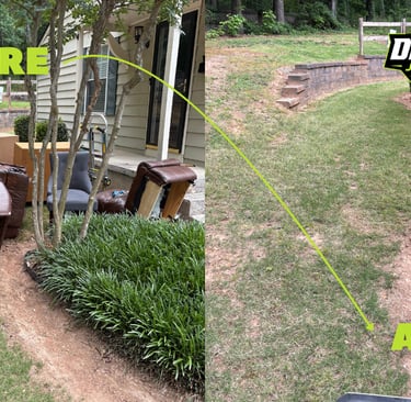 Professional junk removal service showing before and after furniture hauling from a residential yard.