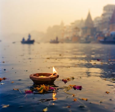 Soft golden-hour morning mist over the Ganges river, a single floating clay diya with a warm glowing flame in the foreground, shallow depth of field, 35mm